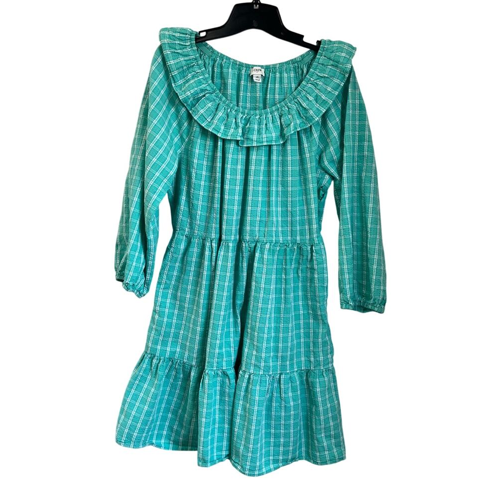 J.Crew Aqua Mint Seersucker Ruffle Neck Mini Dress Preppy‎ Sz 14